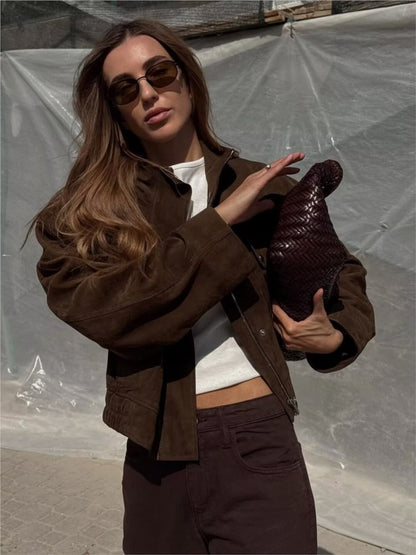 NERHEFZ Women Autumn Jacket with Pockets High Collar Long Sleeve Button Suede Leather Women's Jacket Lady Coats Female Chic Tops