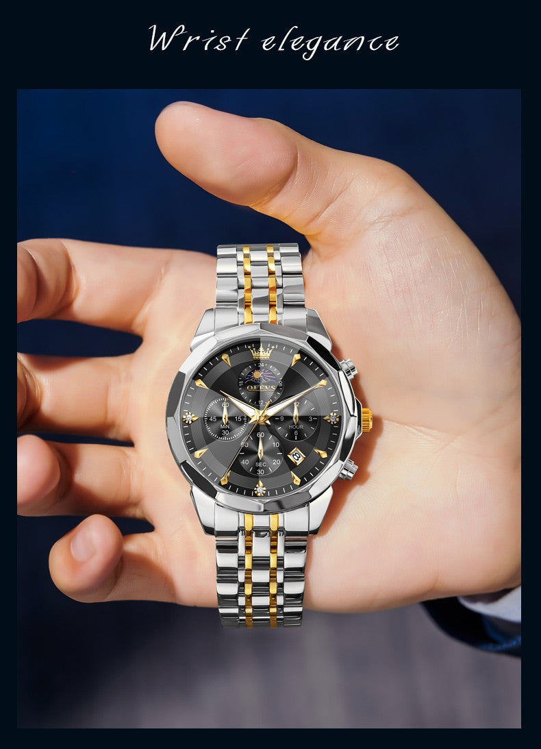 OLEVS Original Fashion Moon Phase Men's Watches Waterproof Chronograph Quartz Watch Stainless steel Calendar Brand Wristwatch