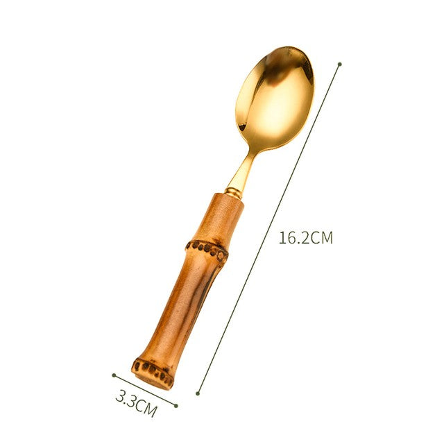 Conjunto de Talheres de Bambu 1 peça/4 peças Aço Inoxidável Dourado Faca Garfo Colher Louça Talheres Seguros para Lava-louças Conjunto de Talheres