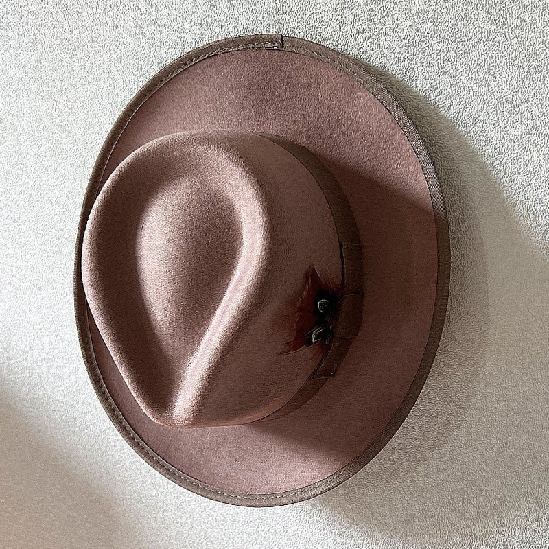 Handmade Feathers Felt Fedora Hat Vintage Men Panama Trilby Hats Curved Brim Gentleman Party Dress Cap