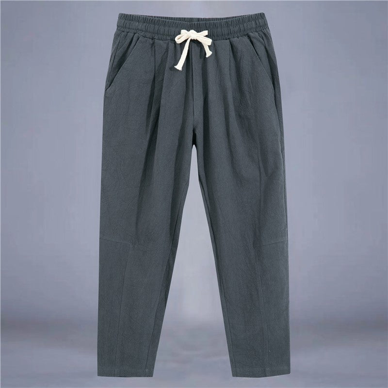 Men's Trousers Cotton Linen Fashion Casual Pants Solid Color Breathable Loose Shorts Straight Drawstring Pants Streetwear Men