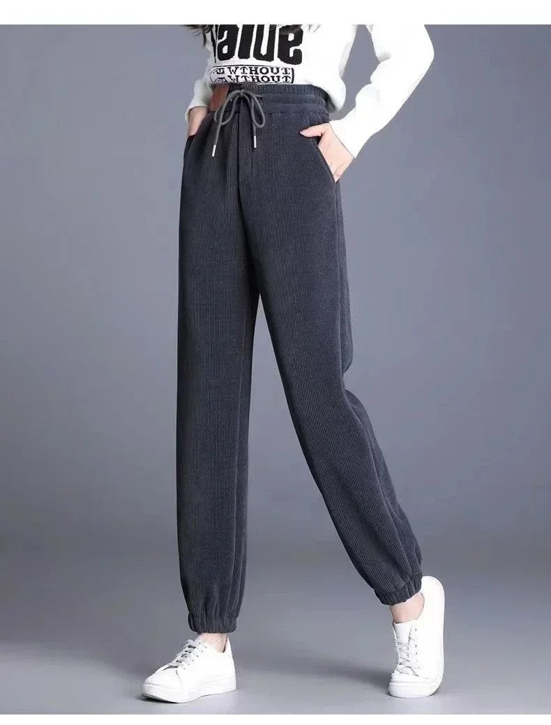 Solid Casual Thicken Women Corduroy Pants Lamb Fleece Padded Cashmere Warm Sweatpants Female Elastic Waist Soft Fur Trousers