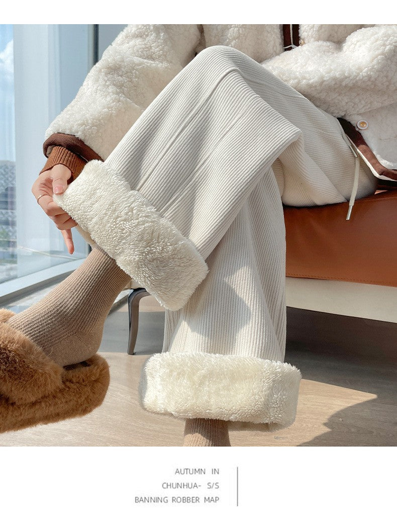 High Waist Warm Trousers Fashion Winter Fleece Thickened Women's Pants Solid Color Loose Elastic Waist Straight Casual Pants