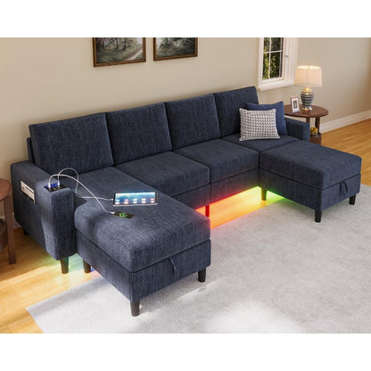 Smart Sectional Couches for Living Room, 4 Seat U/L Shaped Sectional Sofa with RGB Light/Charging, Modern Living Room Furniture
