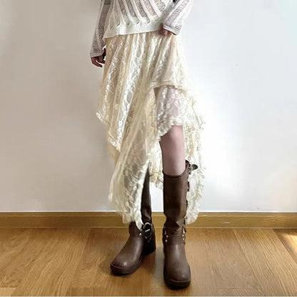 Lace Asymmetrical Skirt Women Vintage Y2K Boho Aesthetic Fashion High Waist Mid Skirts Summer Ladies Holiday Outfits