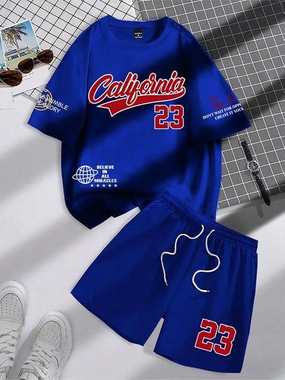 2025 summer new trend men's suit round neck short sleeve set fashion personalized alphanumeric print round neck T-shirt and shor