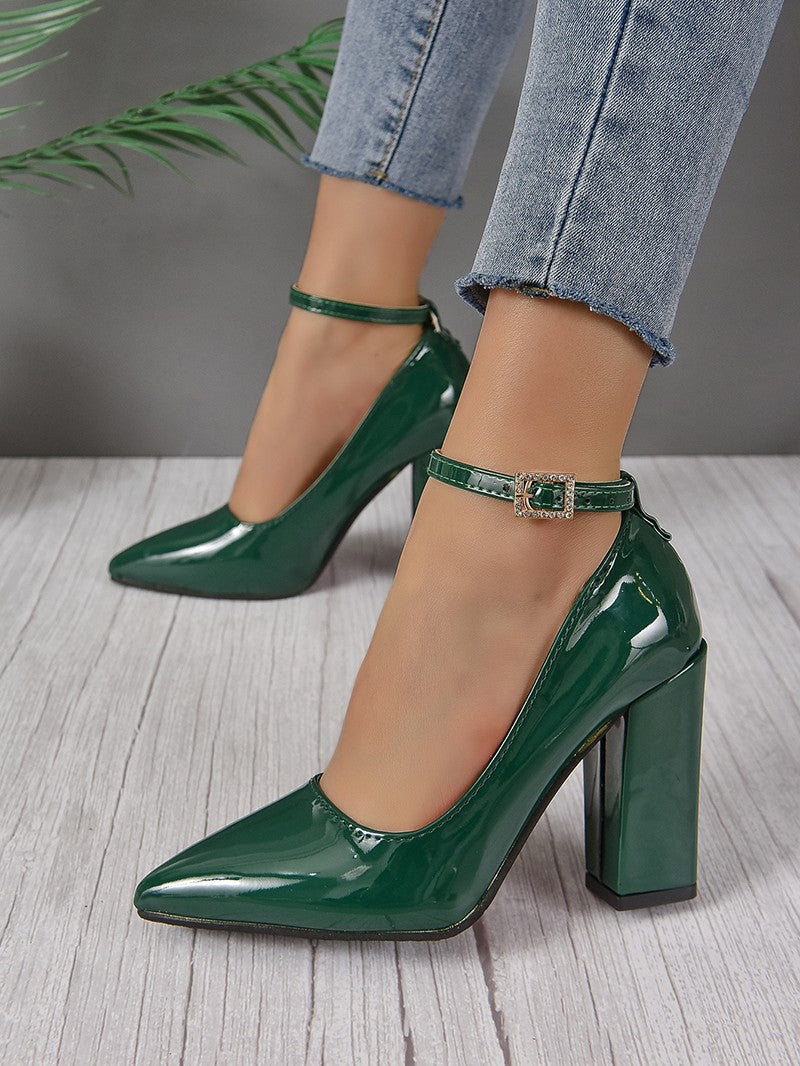 Black 10cm Super High Heel Pumps Women Shoes Pointed Toe Fashion Crystals Pearl Pendant Pimp Buckle Patent Leather Big Size 50