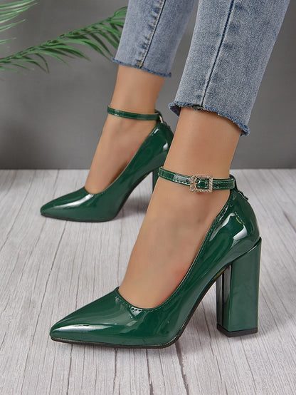 Black 10cm Super High Heel Pumps Women Shoes Pointed Toe Fashion Crystals Pearl Pendant Pimp Buckle Patent Leather Big Size 50