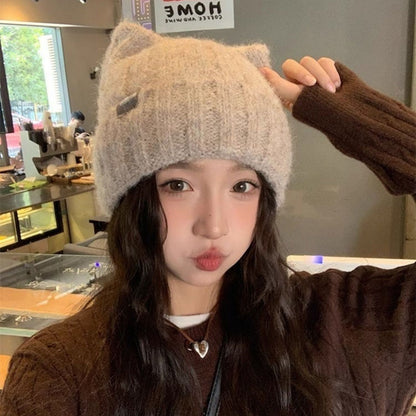 1PC Cat Ear Knitted Beanies, Cute Winter Warm Wool Hats For Women, Korean Style Fashion Headwear