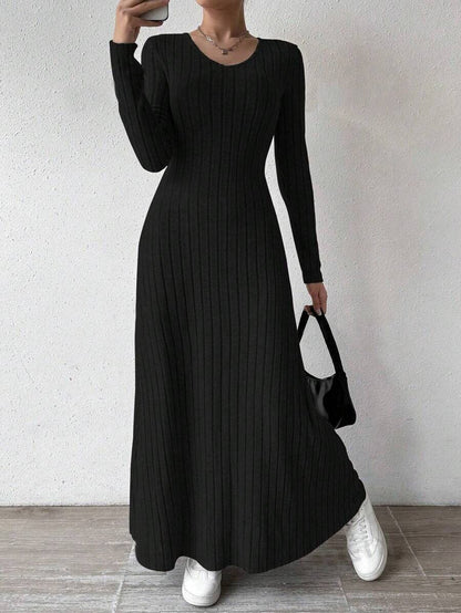 2025 Fashionable Knitted Long Sleeve A- Line Streetwear Dress For Women Smooths And Slims Your Silhouette Solid Color Long Dress