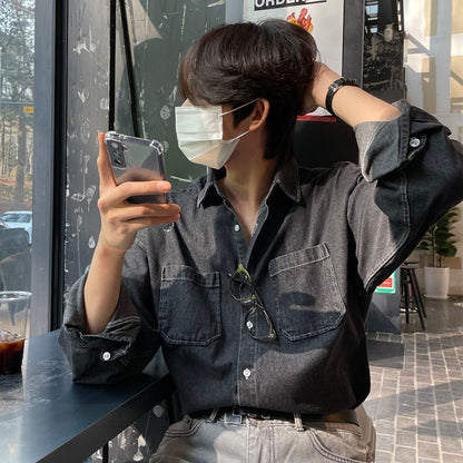 Spring Clothing Men's Denim Long-sleeved Pocket Shirt Casual Korean Turn down Button Streetwear Light Luxury Stylish 2025 New