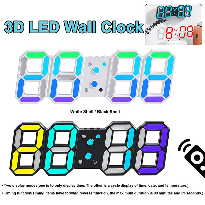 3D LED Digital Wall Clock RGB Modern Design Living Room Decor Date/Temperature Table Alarm Nightlight Brightness Desktop Clocks