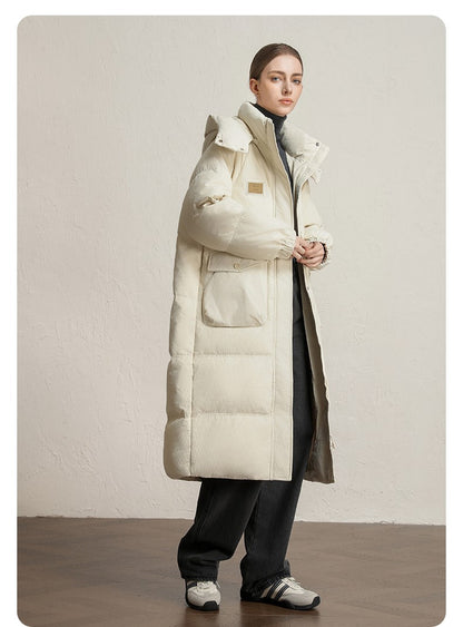 CLARKE QUEEN Long Down Jacket for Women Winter Duck Down Coat Hooded Over-the-Knee Casual Thickened Fitted Padded Puffer Coat
