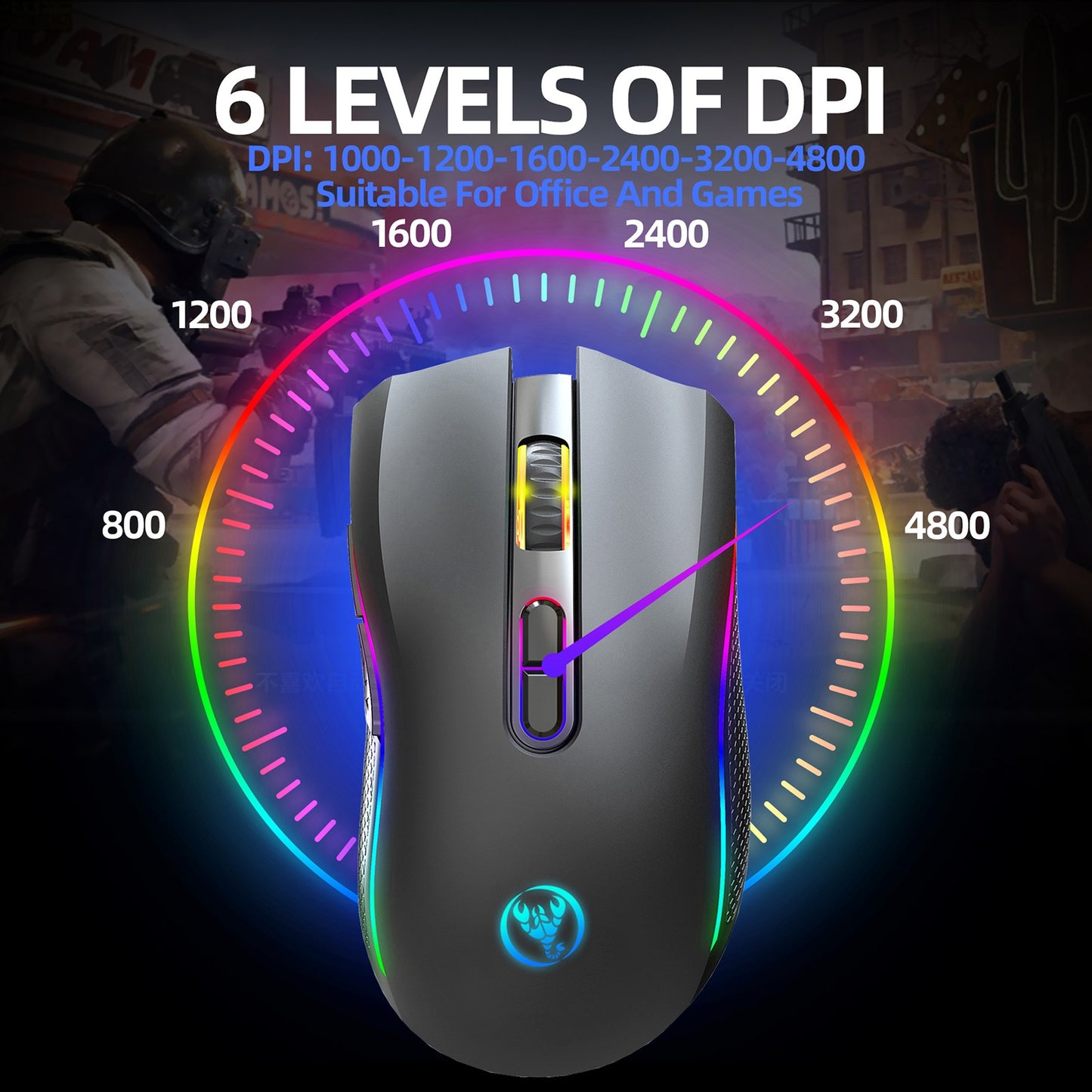 Mouse Mecânico Sem Fio RGB HXSJ T69 2.4G Mouse Gamer Ergonômico com 7 Botões Programáveis 4800DPI para Escritório e Jogos