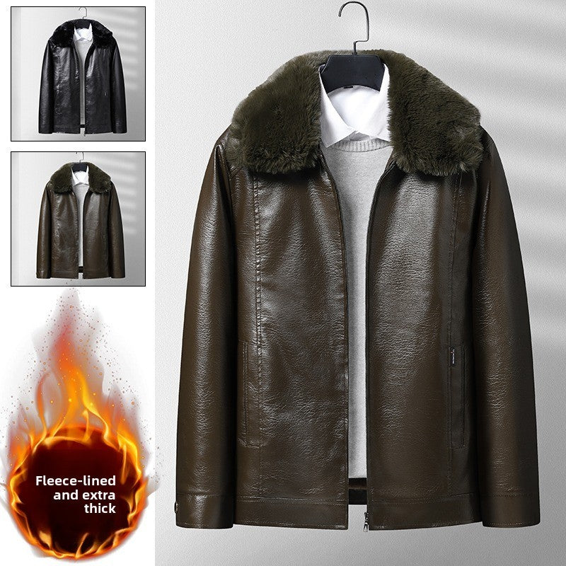 Winter Men Fleece Motor Biker Leather Jacket Man Lapel Thick Outwear Leather Coat Man Vintage Formal Fashion Leather Windbreaker