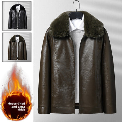 Winter Men Fleece Motor Biker Leather Jacket Man Lapel Thick Outwear Leather Coat Man Vintage Formal Fashion Leather Windbreaker
