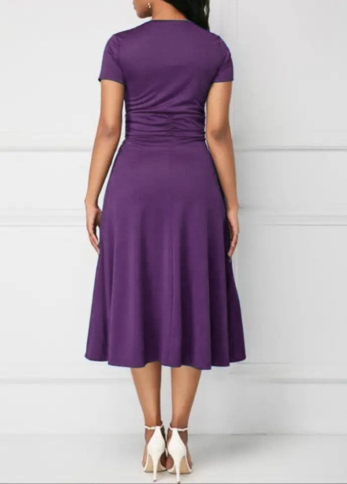 Summer Dresses Elegant Women Solid Color Short Sleeve V Neck Asymmetric Hem Wais