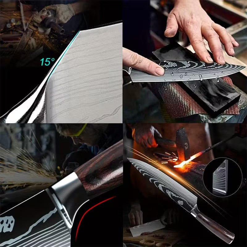 MDHAND Conjunto de Facas de Chef com Padrão de Damasco a Laser de 1 a 10 peças, Fatiador de Carne em Aço Inoxidável, Cutelo com Cabo de Madeira Antiderrapante, Coleção