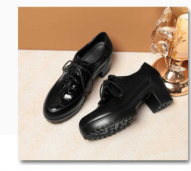 Deep Mouth Soft Leather Shoes Women Oxfords Platform Pumps High Heels Shoes Black Lace up Office Work Pumps Shoes Comfortable