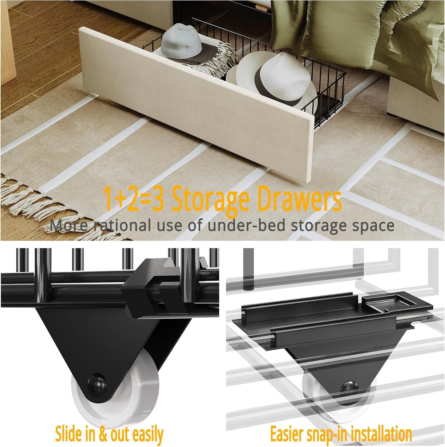 Cama de Solteiro com Estrutura e 3 Gavetas, Cama Plataforma Estofada com Cabeceira Armazenadora e Estação de Carregamento, Não Precisa de Box