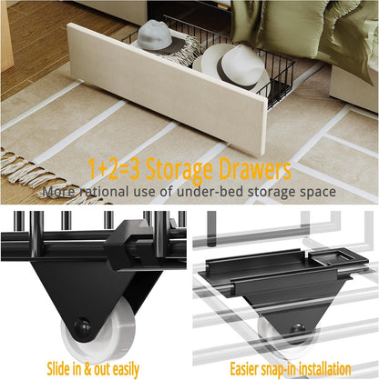 Cama de Solteiro com Estrutura e 3 Gavetas, Cama Plataforma Estofada com Cabeceira Armazenadora e Estação de Carregamento, Não Precisa de Box