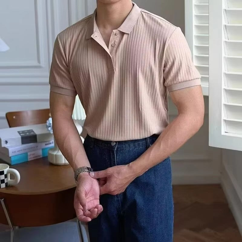New Vertical Stripe Knit Polo Men's Shirts Summer Slim Solid Color Breathable Turn-Down Collar Business Short Sleeve Polo Tops