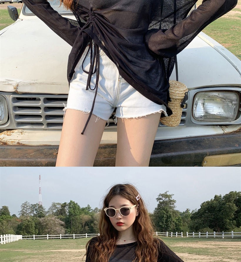 Women's 2025 Women's Summer New Beach Long sleeved Sunscreen Jacket Loose Hoodie Drawstring Upward Shirt