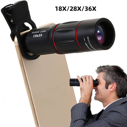 Lente de câmera de celular com clipe 18/28/36X, zoom monocular telescópico, lente telefoto universal para smartphone