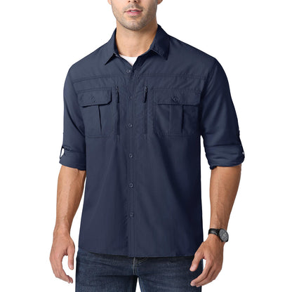 MAGCOMSEN UPF 50+ Mens Quick Dry Cargo Shirts Mesh Breathable Long Sleeve Work Shirts UV block Outdoor Hiking Fishing Shirts