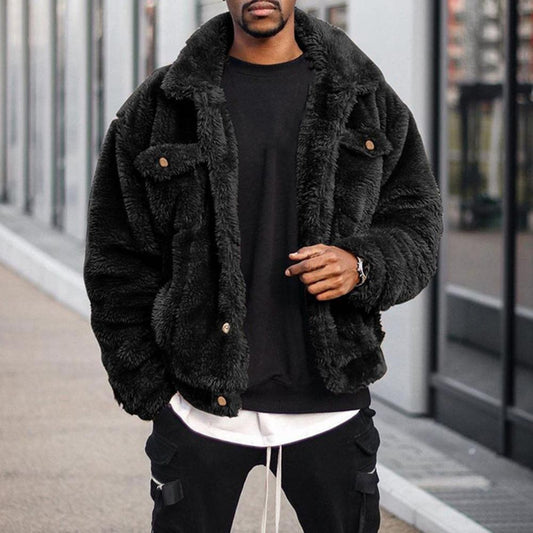 Thickened Velvet Men Jacket Plush Fluffy Hip-hop Style Jacket Leisure Men Coat Cozy Winter Jacket Thermal Chest Pockets Jackets