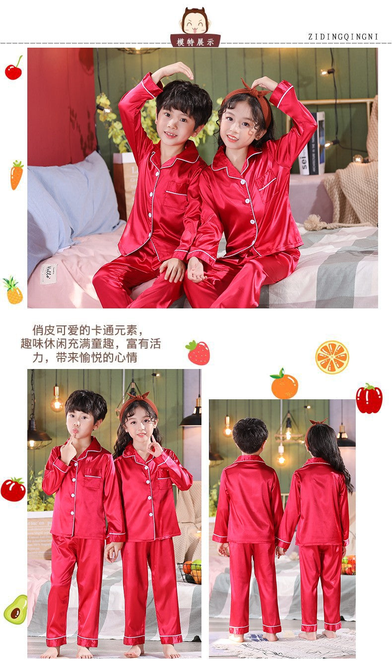 2 to 14 Years Boys Girls Pajamas Sets Kids Silk Satin Top Pant Long/Short Sleeve Solid Pyjamas Suits Nightgown Child Sleepwear