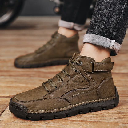 Botas masculinas costuradas à mão, sapatos casuais plus size, botas confortáveis e macias, botas antiderrapantes para uso externo