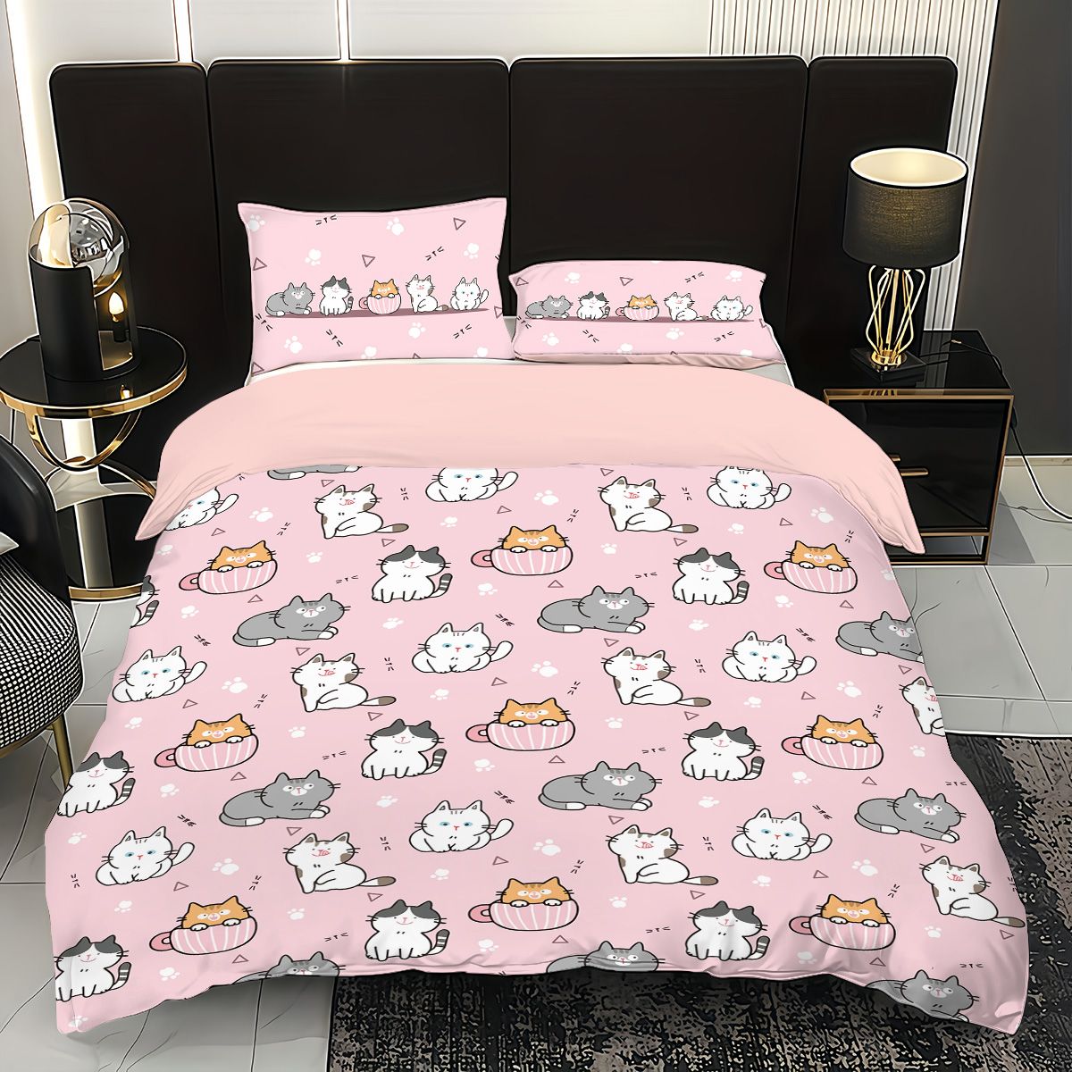 3pcs (1 duvet cover, 2 pillowcases, coreless), pink cute cartoon cat element printed bedding set, soft and comfortable