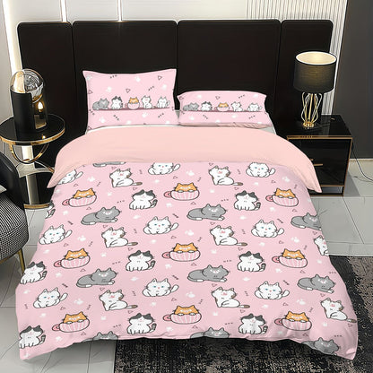 3pcs (1 duvet cover, 2 pillowcases, coreless), pink cute cartoon cat element printed bedding set, soft and comfortable