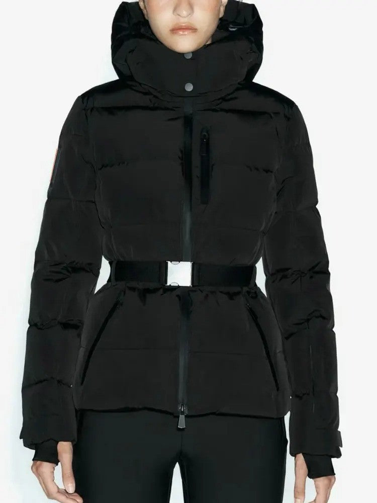 Women's Winter Hooded High Waist Padded Sport Parkas Coats with Belt Female Elegant Thick Warm Pockets Windproof Skiing Jackets