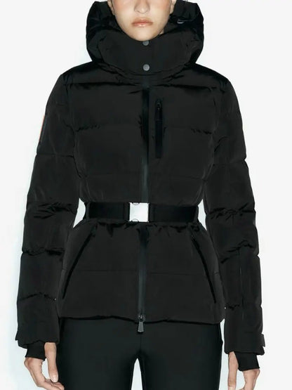 Women's Winter Hooded High Waist Padded Sport Parkas Coats with Belt Female Elegant Thick Warm Pockets Windproof Skiing Jackets