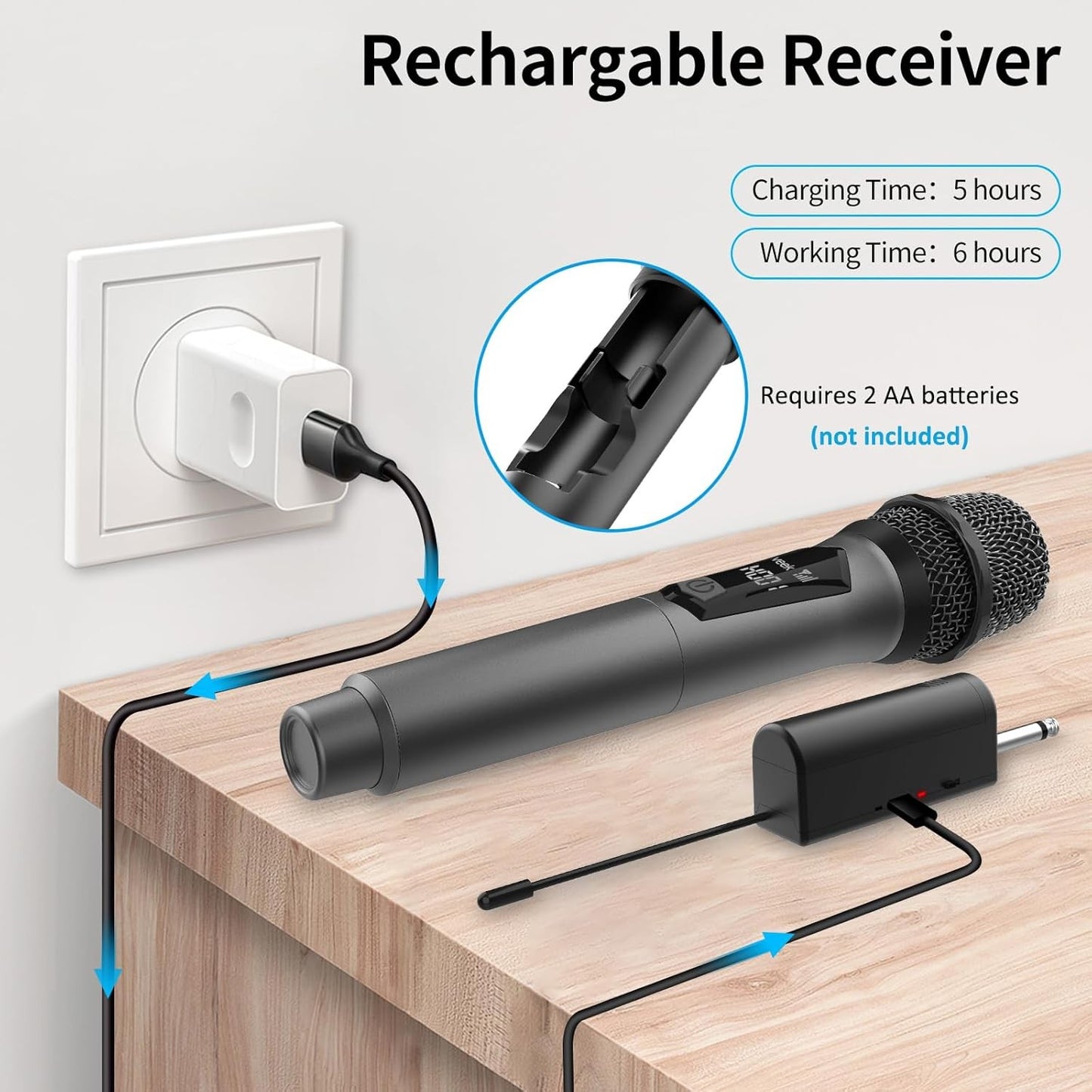 Microfones Sem Fio Aveek para Karaokê, Microfone para Caixas de Som com Receptor Recarregável para Festa, DJ, Casamento (2 Pacotes)