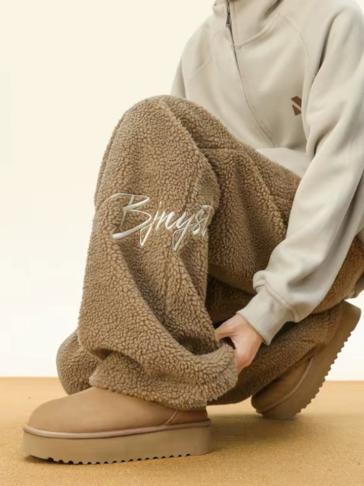 Women's Embroidered Flannel Sweatpants American Lamb Fleece Cotton Thickened Warm Couple Skiing Pants Autumn