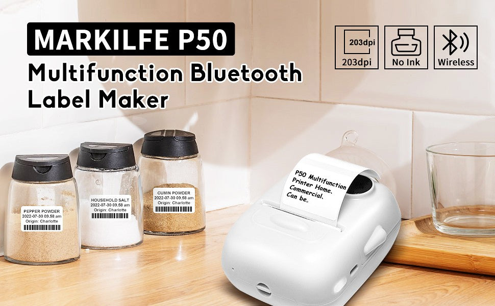MARKLIFE P50 Mini Portable Bluetooth Thermal Label Printer for Address Clothing Jewelry Retail Barcode Office Compatible Phones
