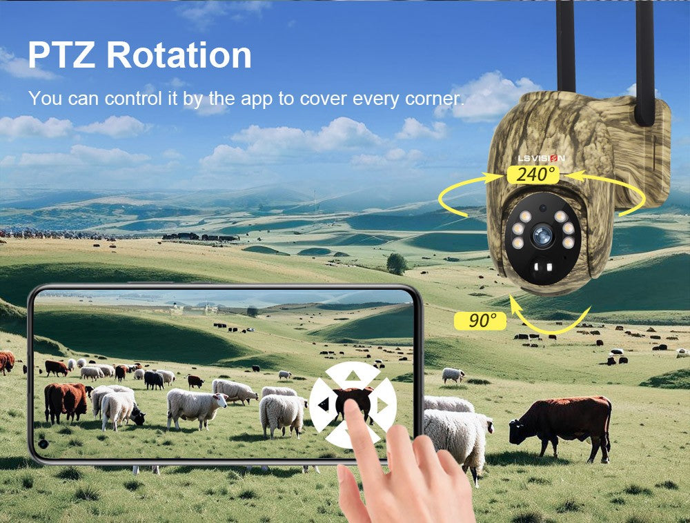LS VISION 2K 4G Solar Security Cameras WIFI Wireless Outdoor 360° Live View Animal Monitoring Camouflage Color Battery PTZ Cam