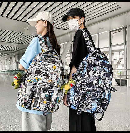 Anime Male and Female High-capacity One Piece Luffy Graffiti Printed Backpack for Middle High Students School Bag