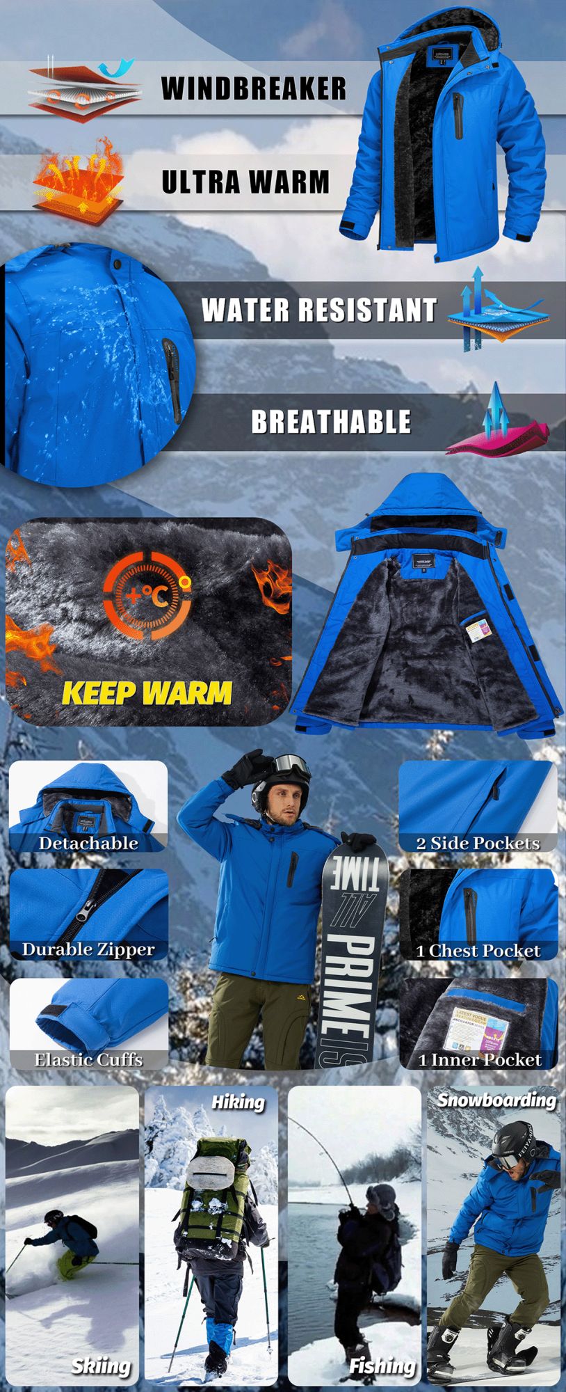 TACVASEN Winter Thicken Fleece Jacket Mens Waterproof Hiking Skiing Jackets Outdoor Mountain Trekking Windbreaker Parka Male