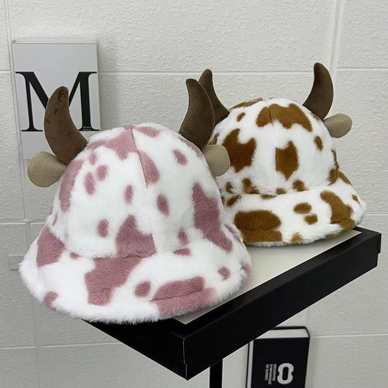 Autumn and winter new cow print horn fisherman hat female print Korean fashion plush thickened warm basin hat