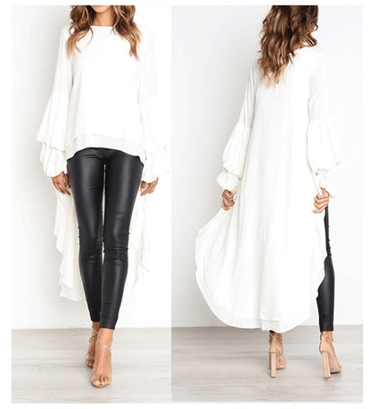 Elegant Solid Color Chiffon Shirts Women O Neck Lantern Sleeves Irregular Long Blouses Tops Temperament Lady Commuting Clothing