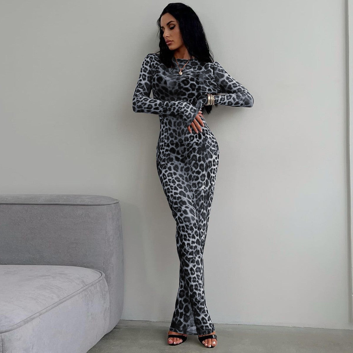 Hugcitar Leopard Print Mesh Long Sleeve Sexy Slim  See Through Maxi Dress Fall W