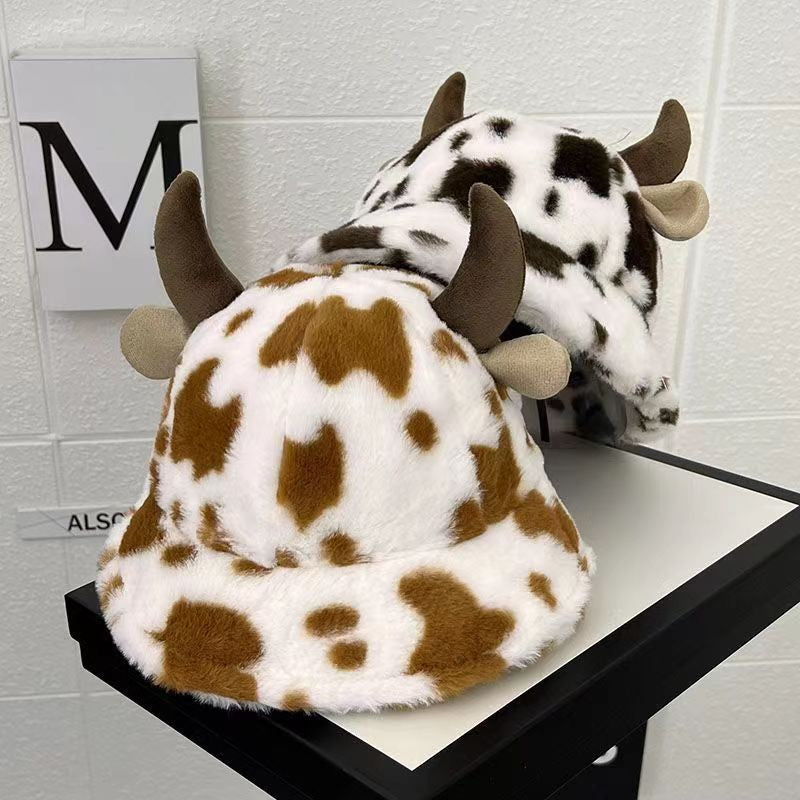 Autumn and winter new cow print horn fisherman hat female print Korean fashion plush thickened warm basin hat