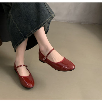 Shiny Leather Ballets Shoes Woman Belt Strap Lolita Flats Mary Janes Women Shallow Loafers Round Toe Ballerinas Brides Mocasines