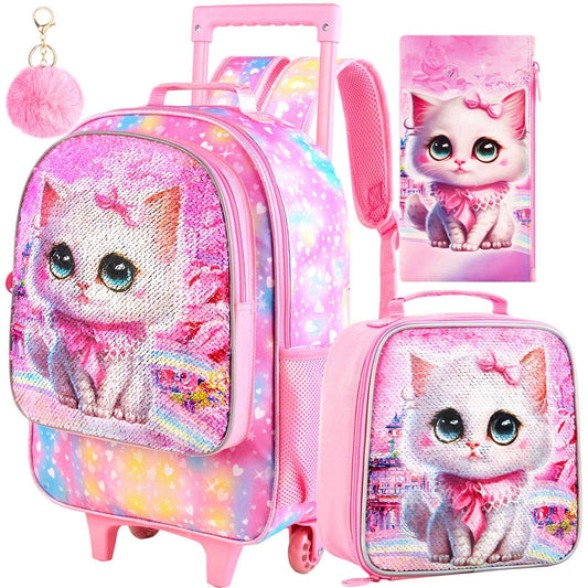 4PCS Rolling Backpack for Girls, Kids Cat Roller Wheels School Bookbag with Lunch Bag, Wheeled School Bag for Toddler Elementary