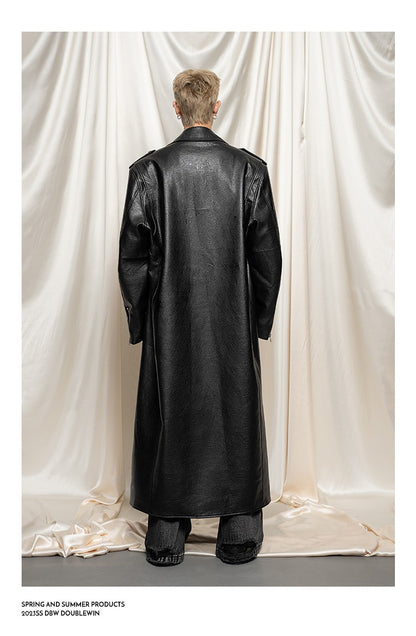 Mauroicardi Spring Autumn Oversized Cool Extra Long Black Pu Leather Trench Coat Men Zipper Loose Luxury European Fashion 2023