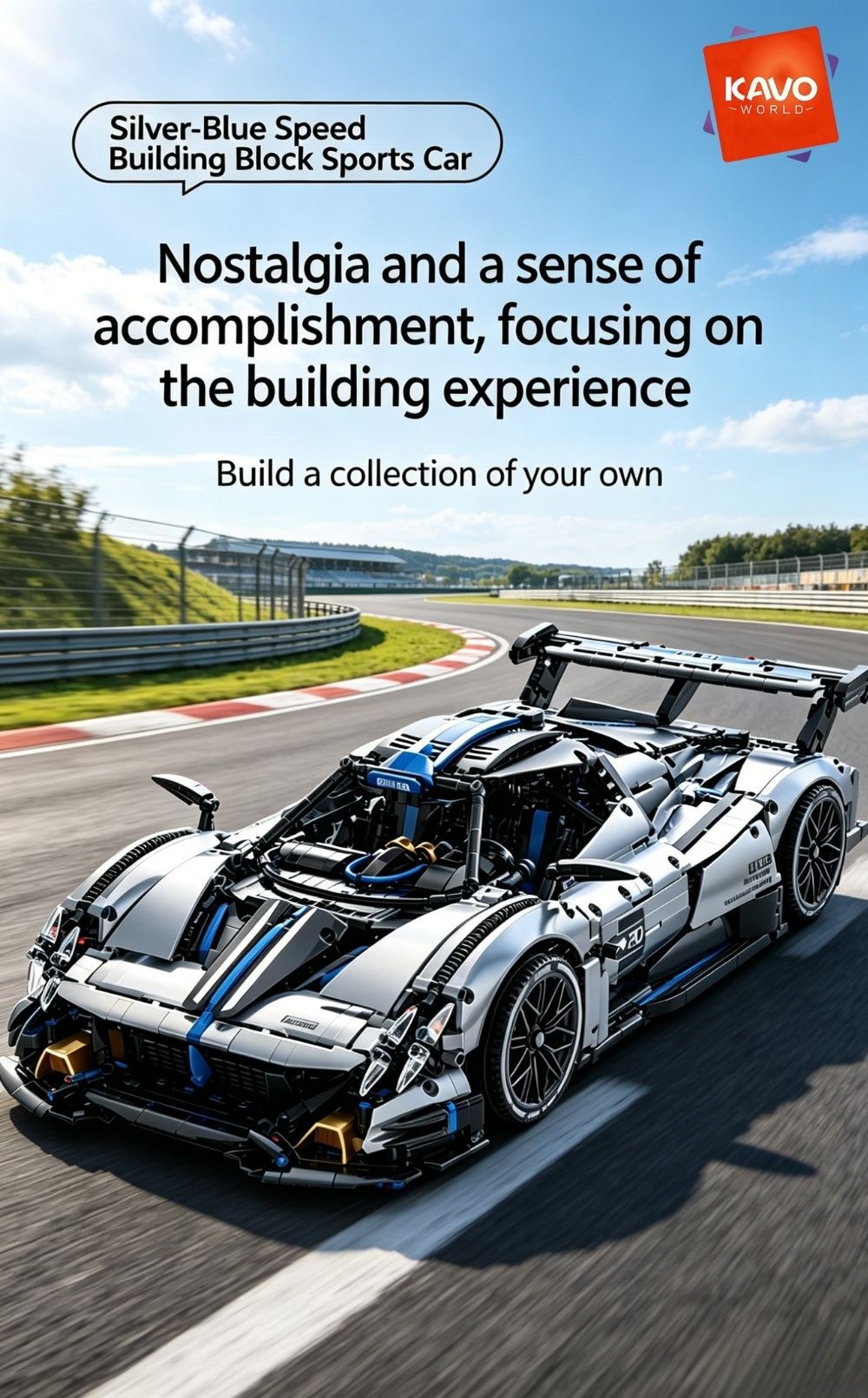 KAVOWORLD 1:8 Scale Silver-Blue Technical Super Racing Sports Car Building Blocks Set 3526pcs DIY STEM Assembly Premium ABS Racing Car Building Bricks Toy Model with Rear Linkage Engine & Track Wing, Ideal Birthday Christmas Gift for Teens Adults